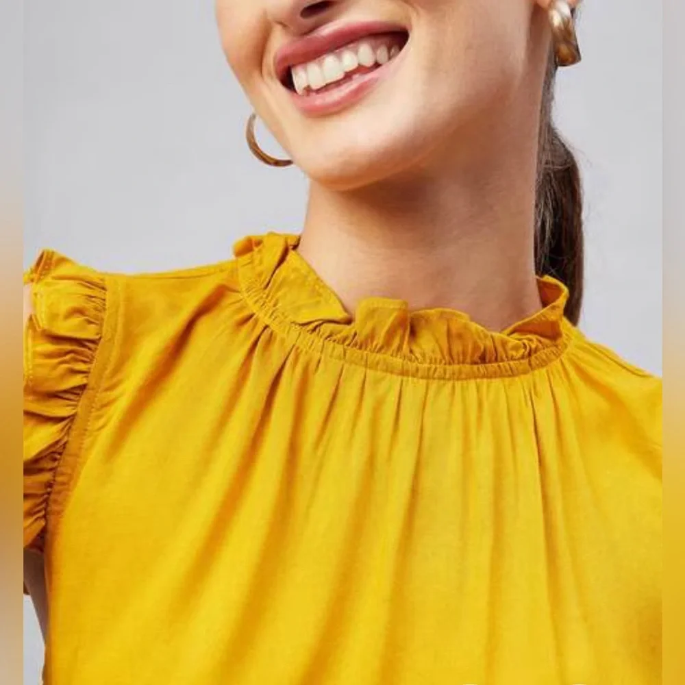 Who What Wear sleeveless ruffle high neck button back mustard blouse